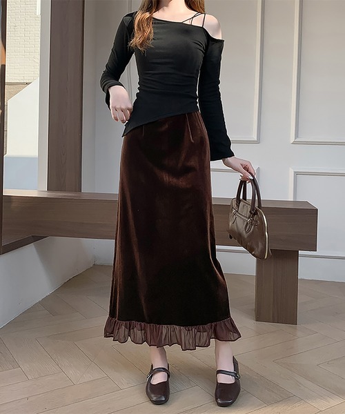 セール】ベロア×シアー切り替えフリルスカート（スカート）｜Doux