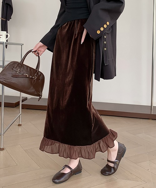 Doux Belle(ドゥーベル)の「ベロア×シアー切り替えフリルスカート(スカート・レディース・ダークブラウン/ブラック・MEDIUM/LARGE/X-LARGE/SMALL)」の3枚目の写真