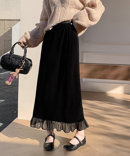 Doux Belle(ドゥーベル)の「ベロア×シアー切り替えフリルスカート(スカート・レディース・ダークブラウン/ブラック・MEDIUM/LARGE/X-LARGE/SMALL)」の10枚目の写真