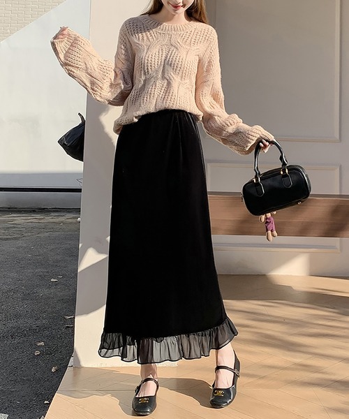 Doux Belle(ドゥーベル)の「ベロア×シアー切り替えフリルスカート(スカート・レディース・ダークブラウン/ブラック・MEDIUM/LARGE/X-LARGE/SMALL)」の15枚目の写真