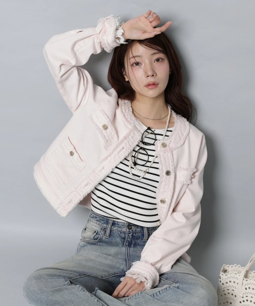 Apuweiser-riche（アプワイザーリッシェ）の「トラッドノーカラーデニムジャケット（その他アウター・レディース・オフホワイト/ピンク・2/1）」の2枚目の写真