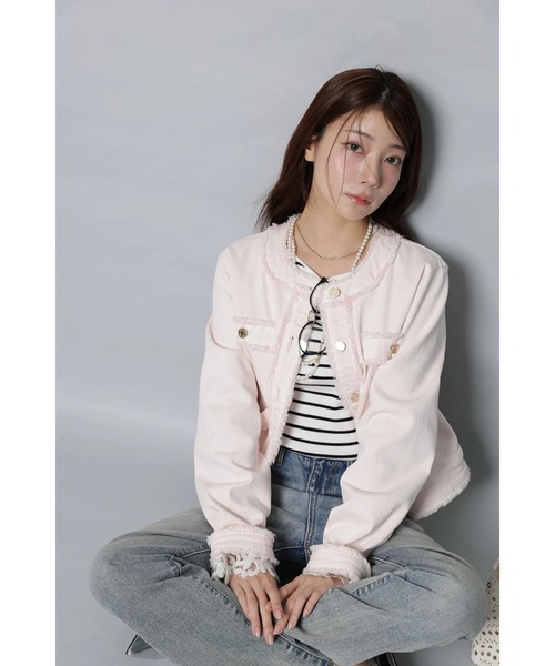 Apuweiser-riche（アプワイザーリッシェ）の「トラッドノーカラーデニムジャケット（その他アウター・レディース・オフホワイト/ピンク・2/1）」の5枚目の写真