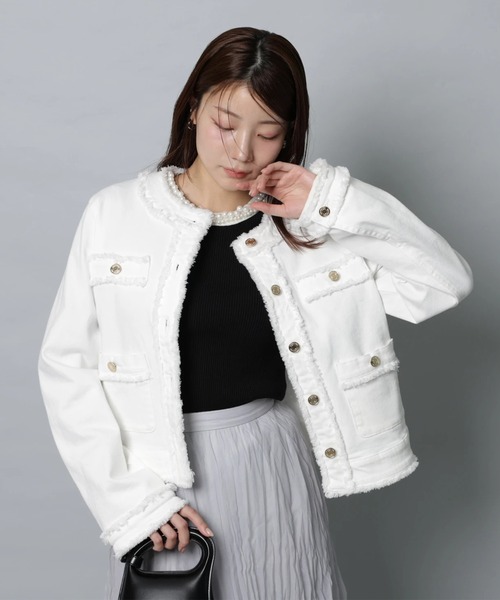 Apuweiser-riche（アプワイザーリッシェ）の「トラッドノーカラーデニムジャケット（その他アウター・レディース・オフホワイト/ピンク・2/1）」の9枚目の写真