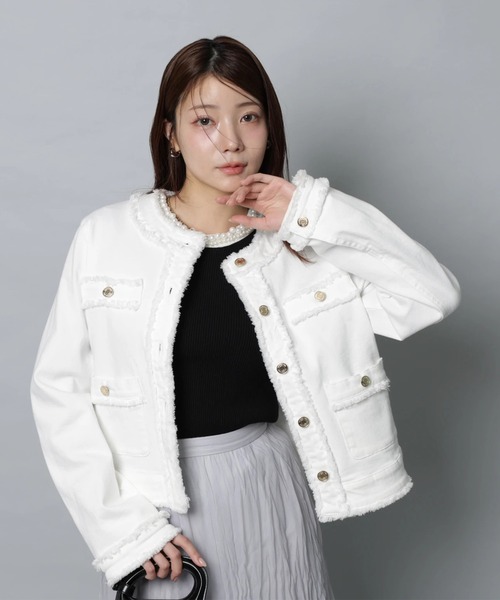 Apuweiser-riche（アプワイザーリッシェ）の「トラッドノーカラーデニムジャケット（その他アウター・レディース・オフホワイト/ピンク・2/1）」の10枚目の写真