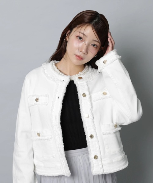 Apuweiser-riche（アプワイザーリッシェ）の「トラッドノーカラーデニムジャケット（その他アウター・レディース・オフホワイト/ピンク・2/1）」の11枚目の写真