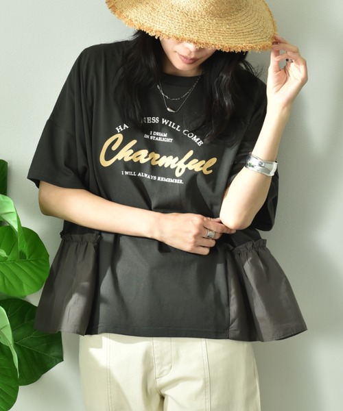 INTERPLANET（インタープラネット）の「異素材切替ロゴデザインＴシャツ（Tシャツ/カットソー・レディース・オフホワイト/チャコールグレー・FREE）」の2枚目の写真