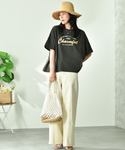 INTERPLANET（インタープラネット）の「異素材切替ロゴデザインＴシャツ（Tシャツ/カットソー・レディース・オフホワイト/チャコールグレー・FREE）」の3枚目の写真