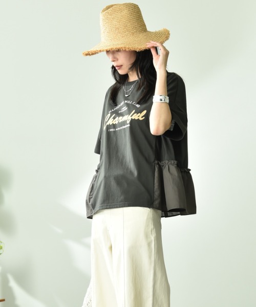 INTERPLANET（インタープラネット）の「異素材切替ロゴデザインＴシャツ（Tシャツ/カットソー・レディース・オフホワイト/チャコールグレー・FREE）」の5枚目の写真