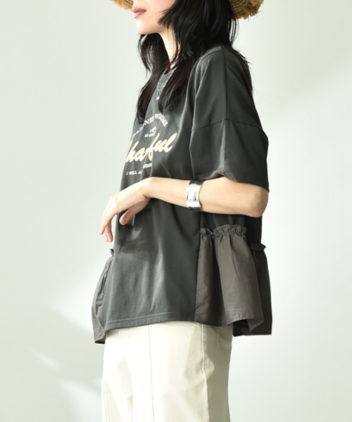 INTERPLANET（インタープラネット）の「異素材切替ロゴデザインＴシャツ（Tシャツ/カットソー・レディース・オフホワイト/チャコールグレー・FREE）」の6枚目の写真