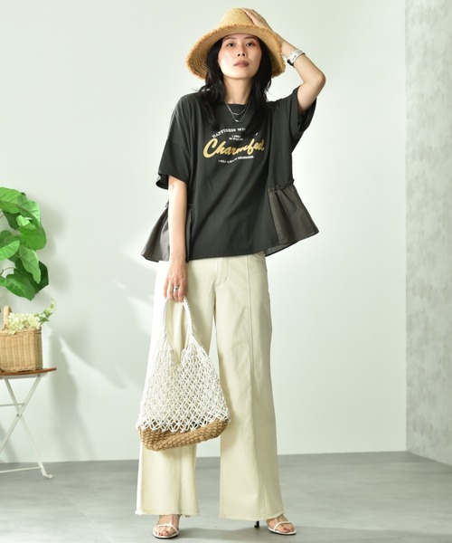 INTERPLANET（インタープラネット）の「異素材切替ロゴデザインＴシャツ（Tシャツ/カットソー・レディース・オフホワイト/チャコールグレー・FREE）」の7枚目の写真