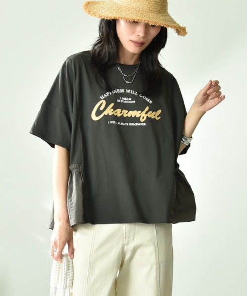 INTERPLANET（インタープラネット）の「異素材切替ロゴデザインＴシャツ（Tシャツ/カットソー・レディース・オフホワイト/チャコールグレー・FREE）」の4枚目の写真