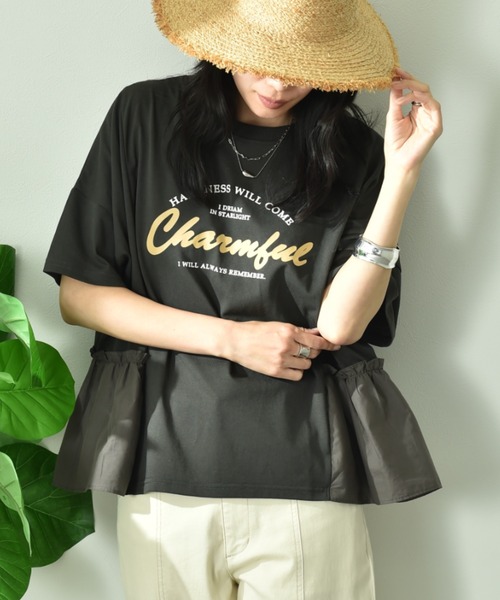 INTERPLANET（インタープラネット）の「異素材切替ロゴデザインＴシャツ（Tシャツ/カットソー・レディース・オフホワイト/チャコールグレー・FREE）」の8枚目の写真