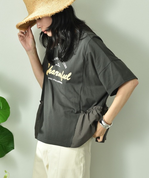 INTERPLANET（インタープラネット）の「異素材切替ロゴデザインＴシャツ（Tシャツ/カットソー・レディース・オフホワイト/チャコールグレー・FREE）」の9枚目の写真