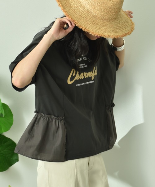 INTERPLANET（インタープラネット）の「異素材切替ロゴデザインＴシャツ（Tシャツ/カットソー・レディース・オフホワイト/チャコールグレー・FREE）」の11枚目の写真