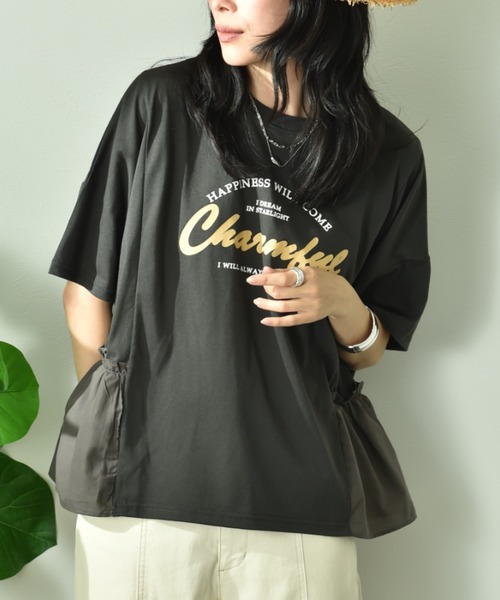 INTERPLANET（インタープラネット）の「異素材切替ロゴデザインＴシャツ（Tシャツ/カットソー・レディース・オフホワイト/チャコールグレー・FREE）」の13枚目の写真