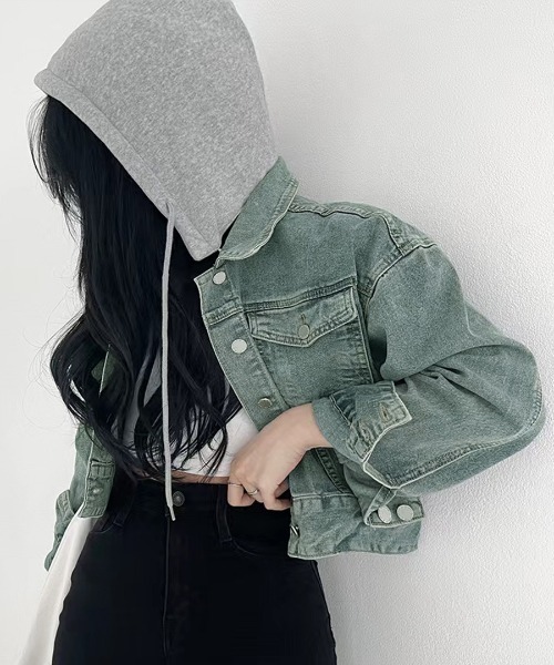 クロップドフード付きデニムジャケット