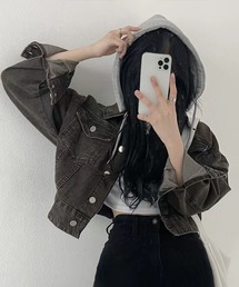 クロップドフード付きデニムジャケット