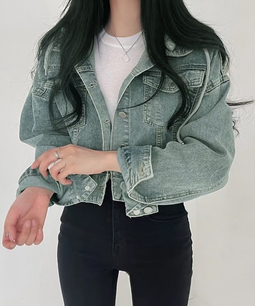 REMUR(レミュール)の「クロップドフード付きデニムジャケット(デニムジャケット・レディース・ブルー/ブラック・FREE)」の11枚目の写真