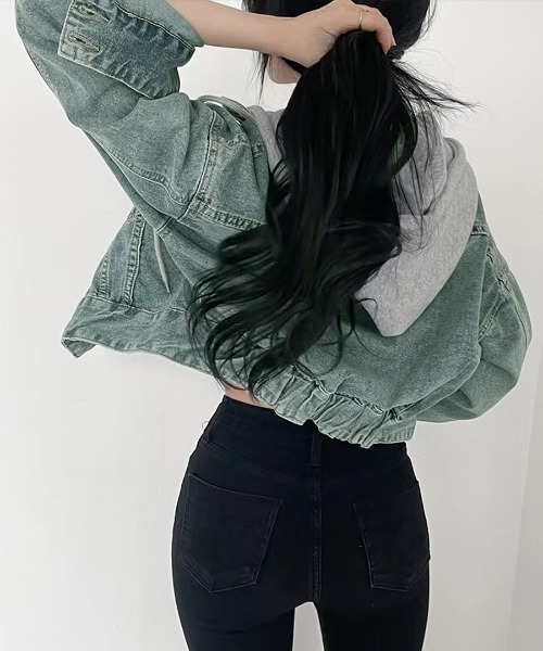 REMUR(レミュール)の「クロップドフード付きデニムジャケット(デニムジャケット・レディース・ブルー/ブラック・FREE)」の19枚目の写真