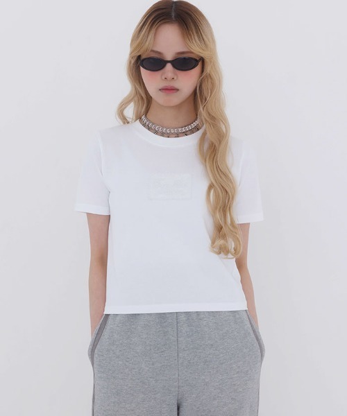 FickleBebe(フィクルベベ)の「レースロゴミニTEE(Tシャツ/カットソー・レディース・ホワイト/ブルーグレー/ブラック/ピンク・FREE)」の2枚目の写真