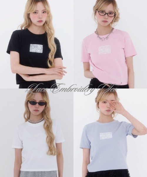 FickleBebe(フィクルベベ)の「レースロゴミニTEE(Tシャツ/カットソー・レディース・ホワイト/ブルーグレー/ブラック/ピンク・FREE)」の5枚目の写真