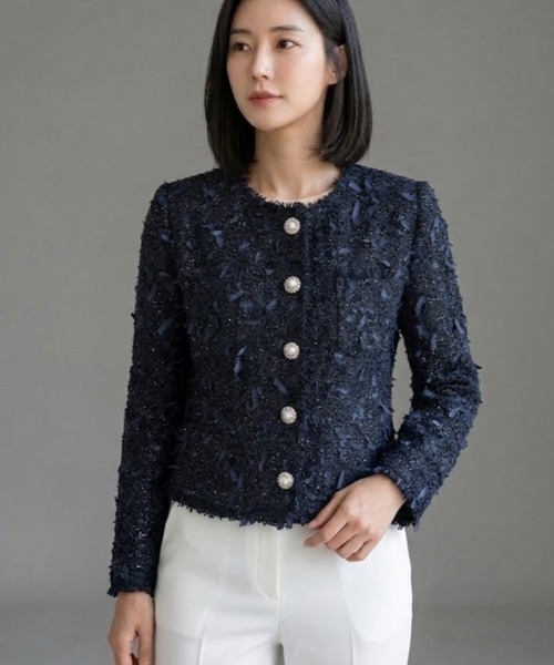 Lana821(ラナハニー)の「ノーカラーツイードジャケット(ノーカラージャケット・レディース・ブラック・S/M/L)」の1枚目の写真
