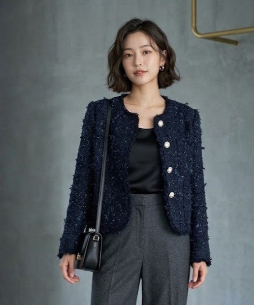 Lana821(ラナハニー)の「ノーカラーツイードジャケット(ノーカラージャケット・レディース・ブラック・S/M/L)」の6枚目の写真