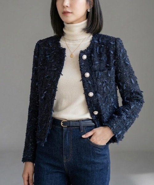Lana821(ラナハニー)の「ノーカラーツイードジャケット(ノーカラージャケット・レディース・ブラック・S/M/L)」の12枚目の写真