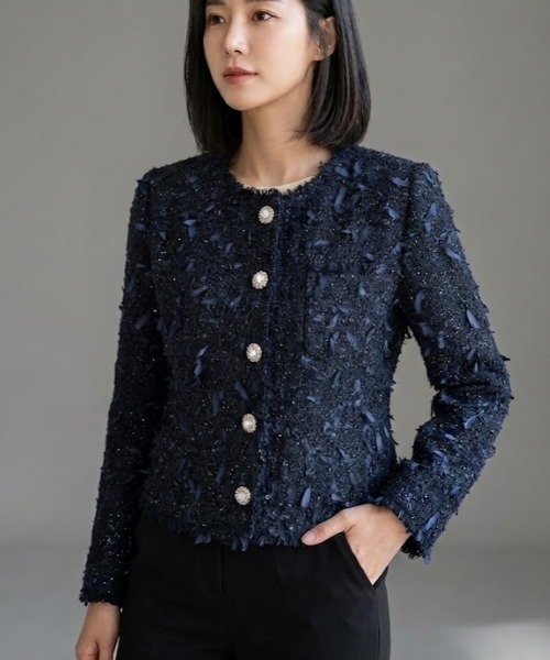 Lana821(ラナハニー)の「ノーカラーツイードジャケット(ノーカラージャケット・レディース・ブラック・S/M/L)」の3枚目の写真
