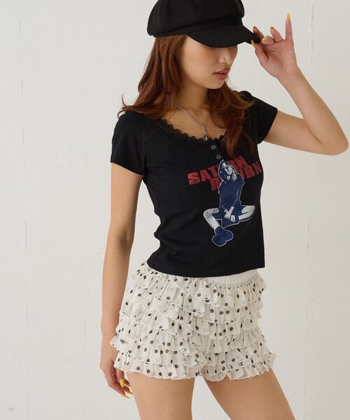 WHO'S WHO gallery（フーズフーギャラリー）の「シャーロットパターンメッシュS/Sトップス（Tシャツ/カットソー・レディース・オフホワイト/イエロー/ピンク/サックスブルー/ブラック・FREE）」の2枚目の写真