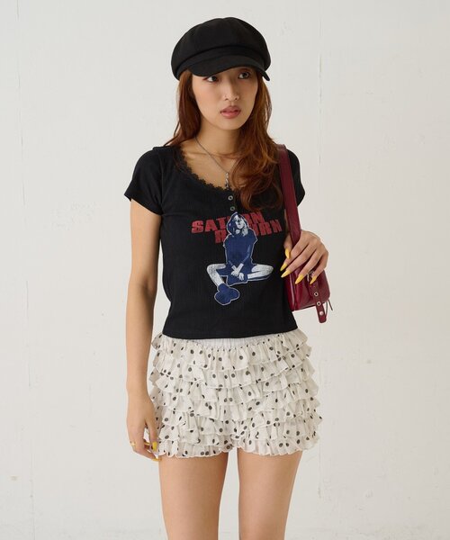 WHO'S WHO gallery（フーズフーギャラリー）の「シャーロットパターンメッシュS/Sトップス（Tシャツ/カットソー・レディース・オフホワイト/イエロー/ピンク/サックスブルー/ブラック・FREE）」の6枚目の写真