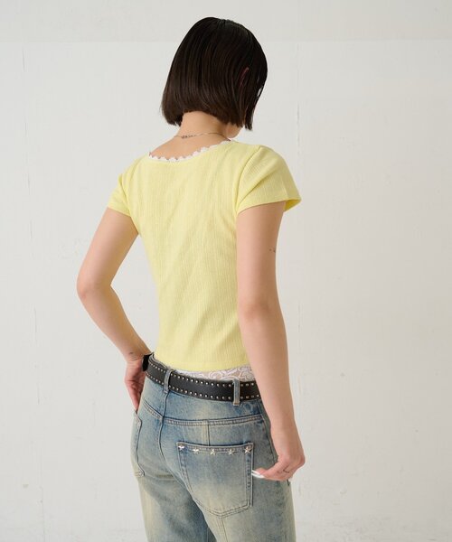 WHO'S WHO gallery（フーズフーギャラリー）の「シャーロットパターンメッシュS/Sトップス（Tシャツ/カットソー・レディース・オフホワイト/イエロー/ピンク/サックスブルー/ブラック・FREE）」の14枚目の写真