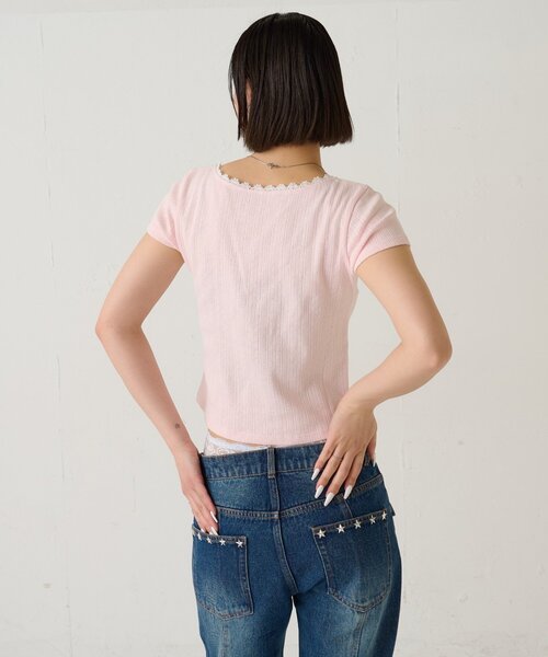 WHO'S WHO gallery（フーズフーギャラリー）の「シャーロットパターンメッシュS/Sトップス（Tシャツ/カットソー・レディース・オフホワイト/イエロー/ピンク/サックスブルー/ブラック・FREE）」の19枚目の写真