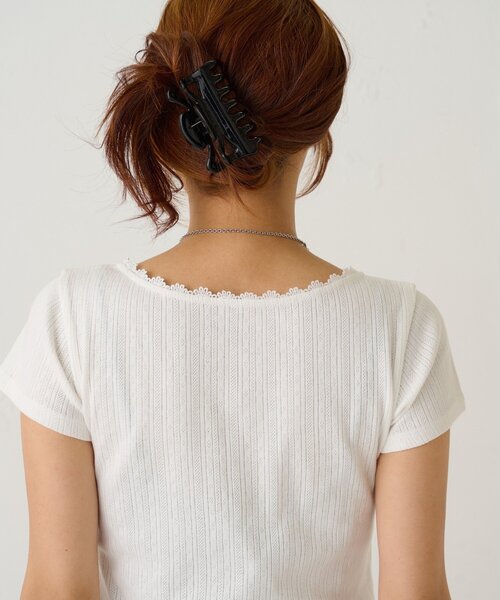 WHO'S WHO gallery（フーズフーギャラリー）の「シャーロットパターンメッシュS/Sトップス（Tシャツ/カットソー・レディース・オフホワイト/イエロー/ピンク/サックスブルー/ブラック・FREE）」の22枚目の写真