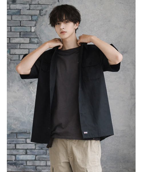 Dickies（ディッキーズ）の「【neos】GENUINE DICKIES ジェニュイン ディッキーズ ツイル オープンカラー 半袖 ワークシャツ バック刺繍 ビッグロゴ ルーズシルエット メンズ（シャツ/ブラウス・メンズ・チャコールグレー/ブラック/カーキ/ベージュ・MEDIUM/LARGE/X-LARGE）」の9枚目の写真