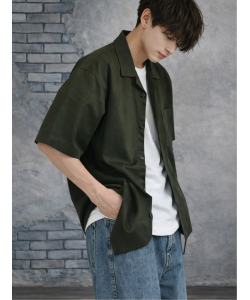 Dickies（ディッキーズ）の「【neos】GENUINE DICKIES ジェニュイン ディッキーズ ツイル オープンカラー 半袖 ワークシャツ バック刺繍 ビッグロゴ ルーズシルエット メンズ（シャツ/ブラウス・メンズ・チャコールグレー/ブラック/カーキ/ベージュ・MEDIUM/LARGE/X-LARGE）」の13枚目の写真