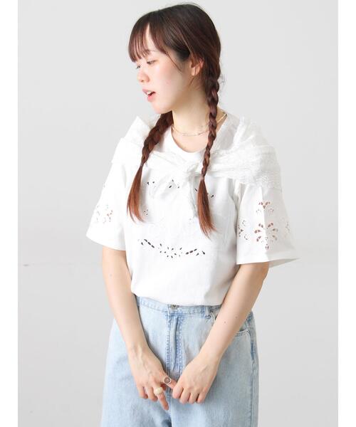 セール】三角ストール付カットワーク刺繍Tシャツ（Tシャツ/カットソー