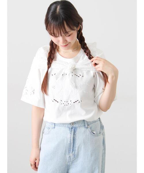 Samansa Mos2（サマンサ モスモス）の「三角ストール付カットワーク刺繍Tシャツ（Tシャツ/カットソー・レディース・グレー/オフホワイト/チャコールグレー・F）」の22枚目の写真