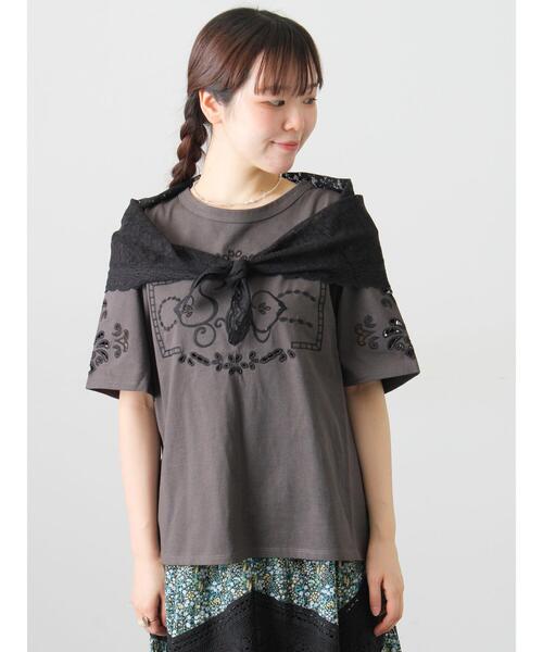 Samansa Mos2（サマンサ モスモス）の「三角ストール付カットワーク刺繍Tシャツ（Tシャツ/カットソー・レディース・グレー/オフホワイト/チャコールグレー・F）」の15枚目の写真