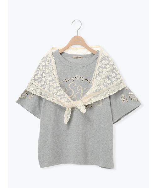 三角ストール付カットワーク刺繍Tシャツ（Tシャツ/カットソー