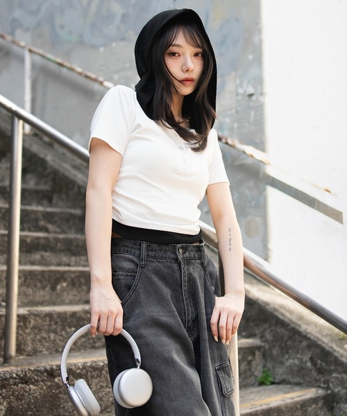 WEGO(ウィゴー)の「WEGO/レイヤードドッキングフードT(Tシャツ/カットソー・レディース・ホワイト/杢グレー・FREE)」の4枚目の写真