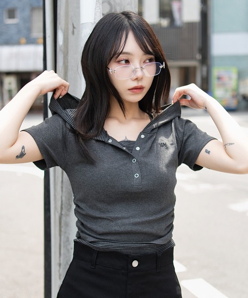 WEGO(ウィゴー)の「WEGO/レイヤードドッキングフードT(Tシャツ/カットソー・レディース・ホワイト/杢グレー・FREE)」の8枚目の写真