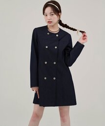 フリースバッグデニムミディドレスジャケット-ダークブルー