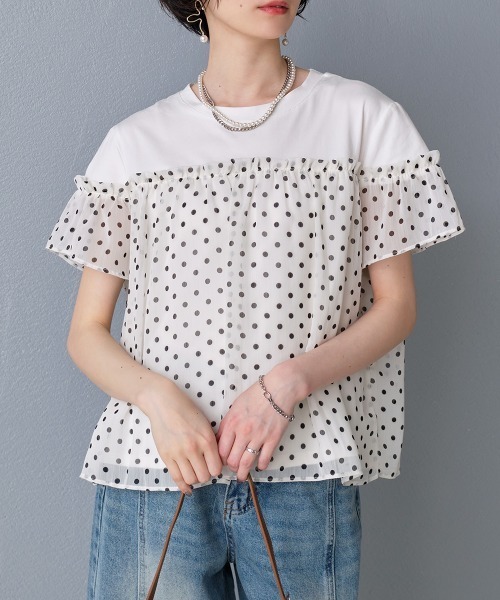 Rejoule（リジュール）の「異素材切り替え シアードットフリルトップス（Tシャツ/カットソー・レディース・ブラック/ホワイト・FREE）」の2枚目の写真