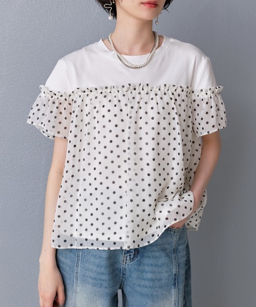 Rejoule（リジュール）の「異素材切り替え シアードットフリルトップス（Tシャツ/カットソー・レディース・ブラック/ホワイト・FREE）」の3枚目の写真