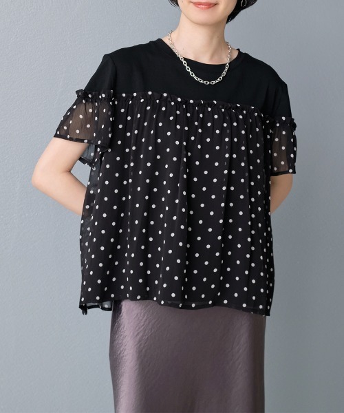 Rejoule（リジュール）の「異素材切り替え シアードットフリルトップス（Tシャツ/カットソー・レディース・ブラック/ホワイト・FREE）」の12枚目の写真