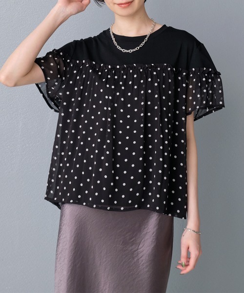 Rejoule（リジュール）の「異素材切り替え シアードットフリルトップス（Tシャツ/カットソー・レディース・ブラック/ホワイト・FREE）」の8枚目の写真