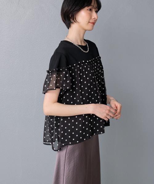 Rejoule（リジュール）の「異素材切り替え シアードットフリルトップス（Tシャツ/カットソー・レディース・ブラック/ホワイト・FREE）」の10枚目の写真