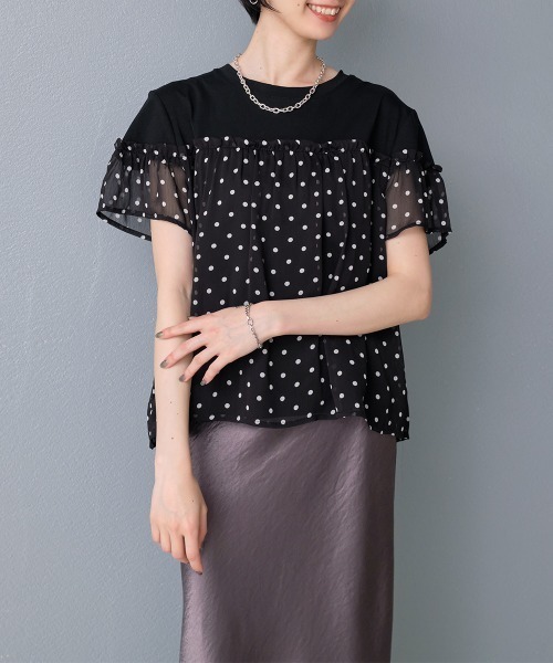 Rejoule（リジュール）の「異素材切り替え シアードットフリルトップス（Tシャツ/カットソー・レディース・ブラック/ホワイト・FREE）」の9枚目の写真