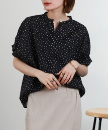 Anna Nicola 麻混ドットプリントタック袖ブラウス 半袖